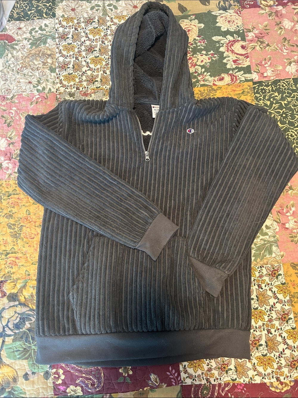Champion Dark Gray Ribbed Hooded Quarter-Zip Sweatshirt